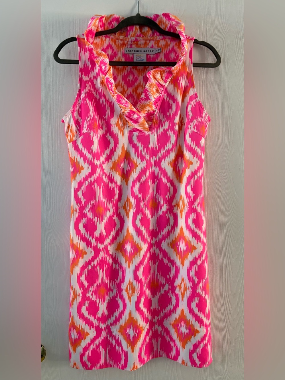 Gretchen Scott Designs Pink, Orange & White Ikat Ruffle Neck Blouse